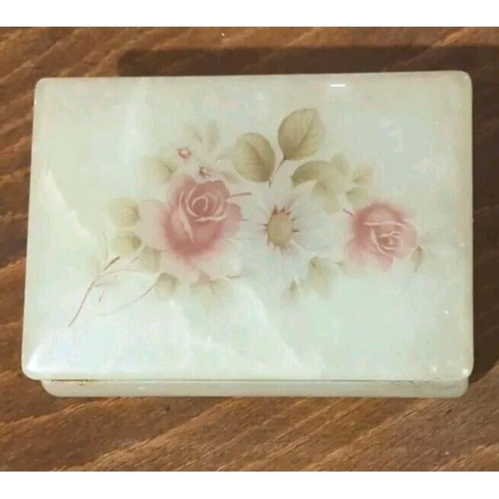 Vintage Trinket Box Floral Alabaster Himark Giftware Made In Italy Hinged Cream